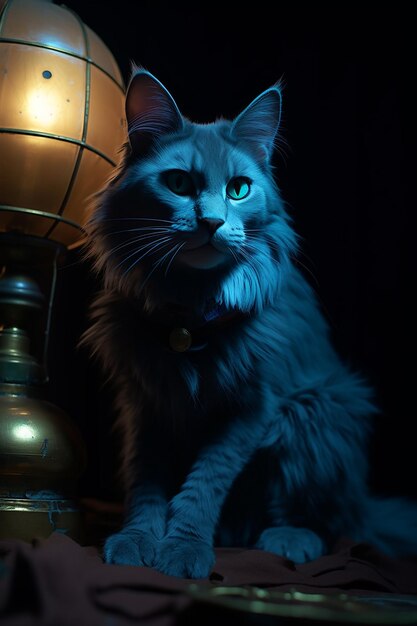 Foto gato azul por la lámpara una noche acogedora