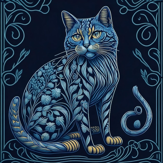 Un gato azul con un patrón floral.