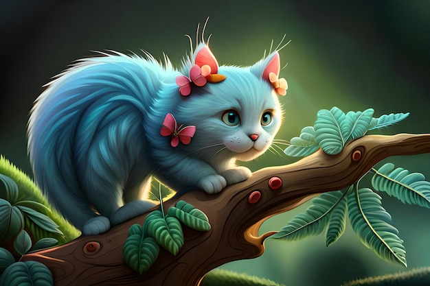 Un gato azul en la rama de un árbol con flores.