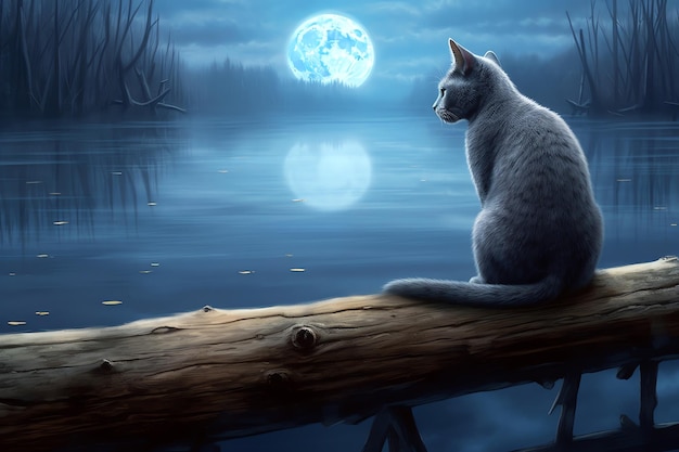 Un gato azul ruso contemplando un lago iluminado por la luna