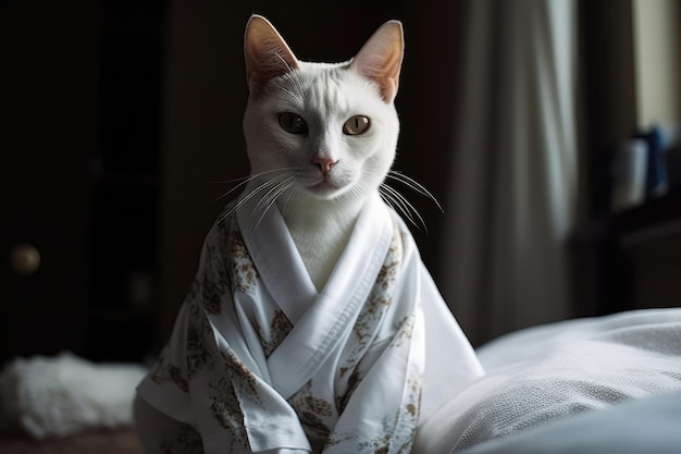 El gato de la bata blanca Un gato blanco en el spa con un kimono IA generativa