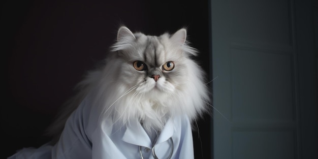 Un gato con una bata de laboratorio y un estetoscopio encima.