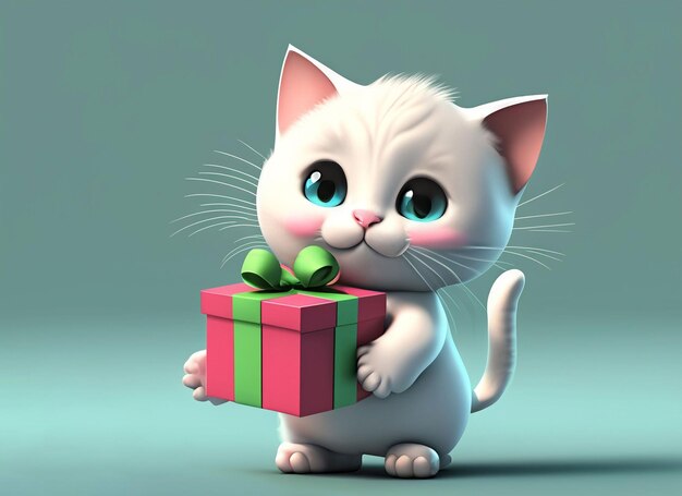 Gato bebé 3D con caja de regalo blanca