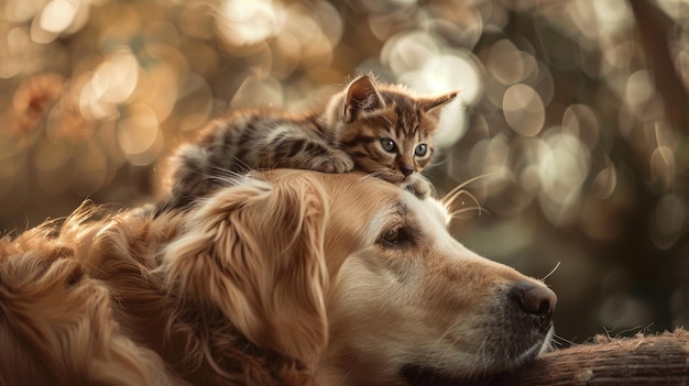 gato bebê deita-se na cabeça de um cão Golden Retriever