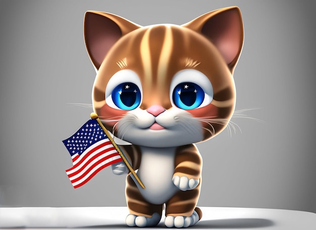 gato bebê fofo 3d segurando a bandeira dos EUA na mão