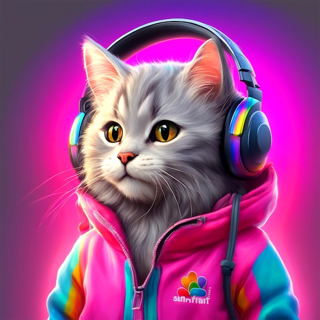 Gato bebê fofo e fofo com cabelo grisalho com um moletom rosa e um logotipo de arco-íris O gato está usando fone de ouvido