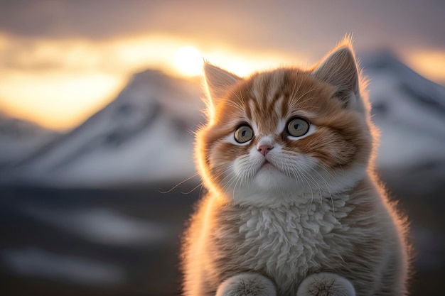 Gato bebê fofo na neve com pôr do sol ao fundo AIGenerated