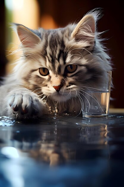 Foto el gato bebiendo agua