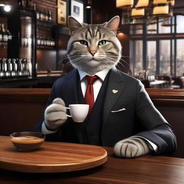 Foto un gato bebiendo café en un bar