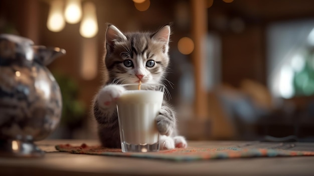 Un gato bebiendo leche de un vaso.