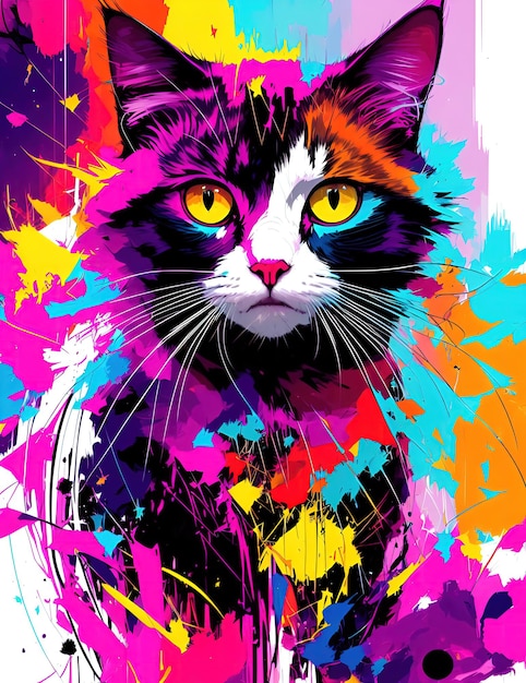 Gato con belleza abstracta mirando a la cámara pintura digital de colores psicodélicos