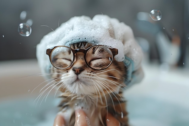 El gato de Bengala con gafas recibe un baño suave en un baño sereno