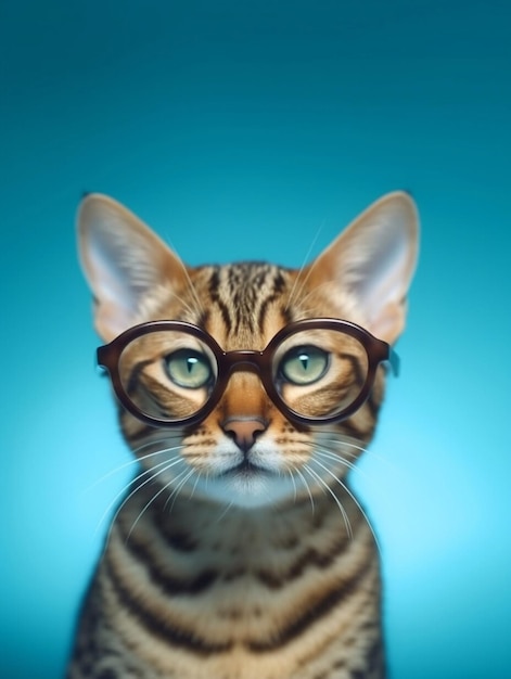 Gato de Bengala con gafas sobre fondo azul.