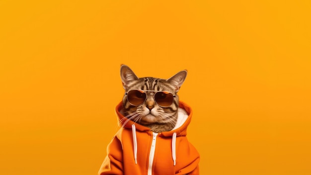 Un gato de Bengala con gafas de sol una sudadera de fondo naranja melocotón IA generativa