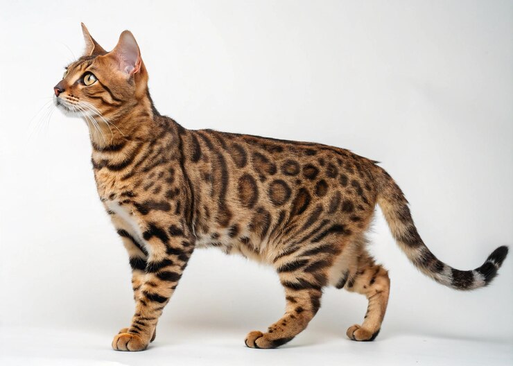 Gato de Bengala de perfil mostrando su distintivo pelaje manchado y su postura alerta