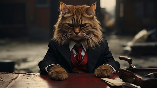 El gato de Bengala con traje se sienta en la oficina por la noche