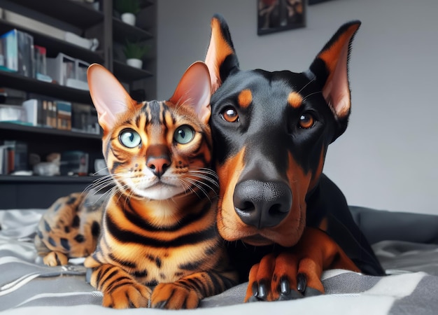 El gato bengalí y el perro Doberman son mejores amigos.