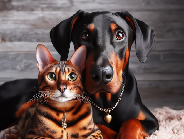 El gato bengalí y el perro Doberman son mejores amigos.