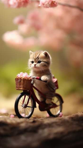 Un gato en bicicleta con una canasta de flores.