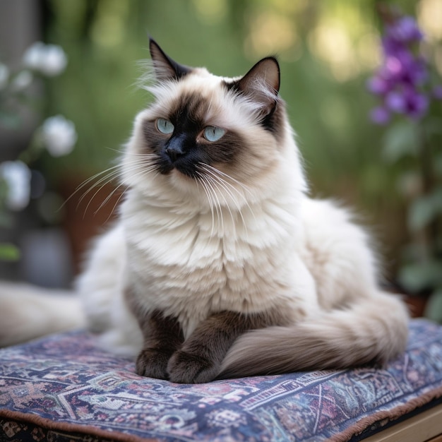 Gato birman sereno meditando no jardim tranquilo