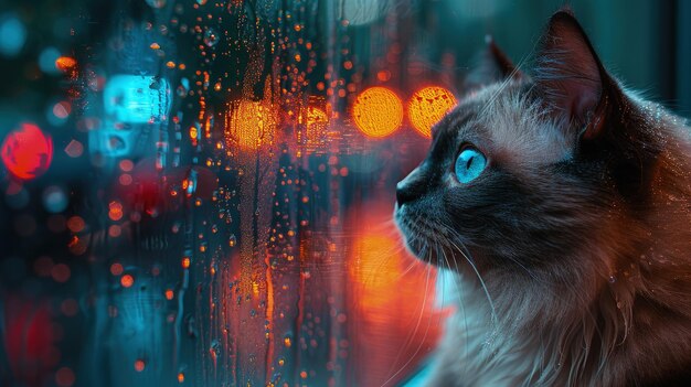 Foto gato birmanês vendo a chuva de uma janela refletora mal-humorado