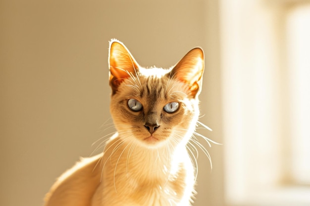 Gato birmano con cara redonda, ojos azules y cuerpo musculoso se sienta en un fondo claro