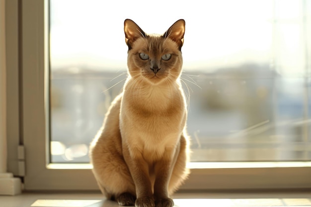 Gato birmano con cara redonda, ojos azules y cuerpo musculoso se sienta en un fondo claro