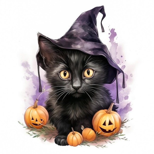 Gato blak com abóbora de Halloween isolada em uma ilustração vetorial de fundo branco