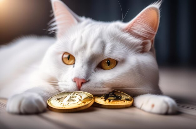 un gato blanco acostado al lado de una pila de monedas de oro