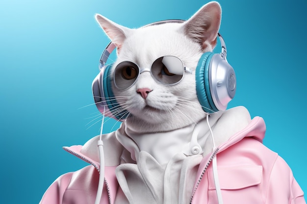 Un gato blanco con auriculares y una chaqueta rosa