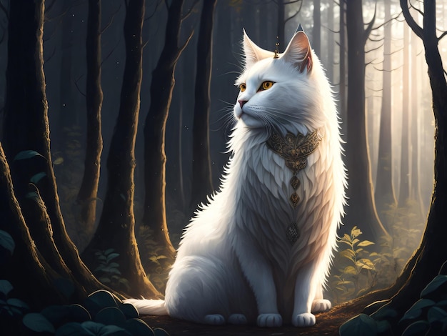 Un gato blanco en el bosque con ojos dorados.