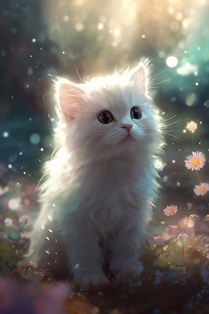 Un gato blanco en un campo de flores.