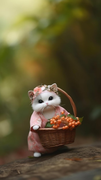 Un gato blanco con una canasta de bayas.