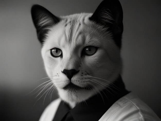 un gato blanco con una cara negra y blanca y una corbata que dice "bigote"