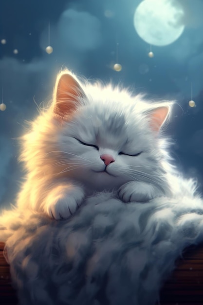 Un gato blanco con una cola esponjosa se sienta en una nube