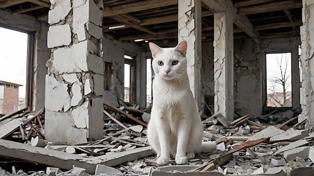 gato blanco contra el fondo de las ruinas