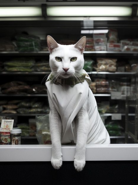 Un gato blanco con una corbata verde se sienta en un mostrador en una tienda.