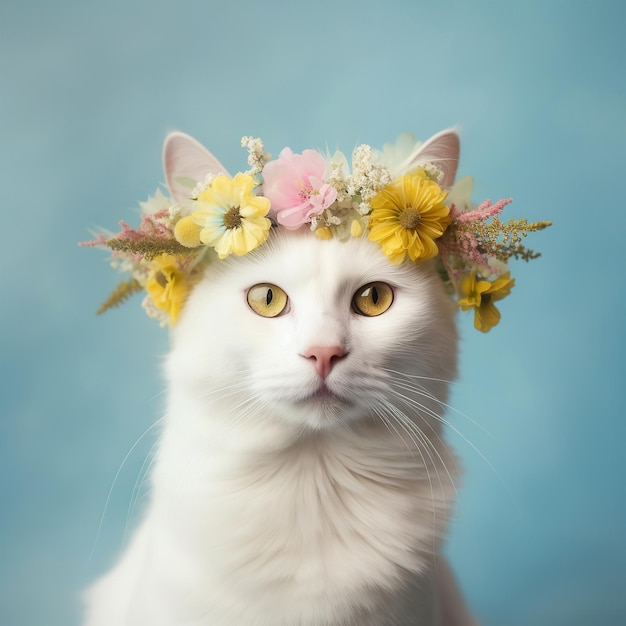 Gato blanco con corona de flores en la cabeza Retrato realista IA generativa