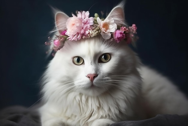 Un gato blanco con una corona de flores.