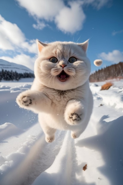 El gato blanco corre en la nieve ai generativo.