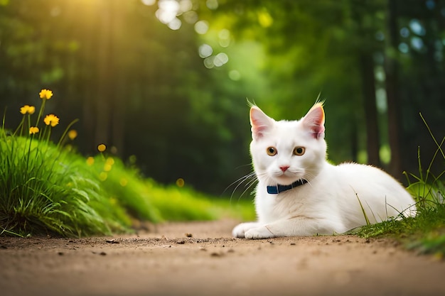 Un gato blanco con cuello azul se sienta en un camino en el bosque.