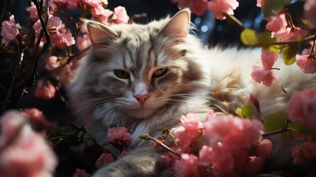 gato blanco durmiendo en flores