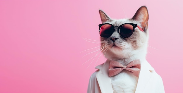 Gato blanco elegante con gafas de sol y pajarita contra un fondo rosado que exuda una vibra sofisticada y fresca con espacio de copia