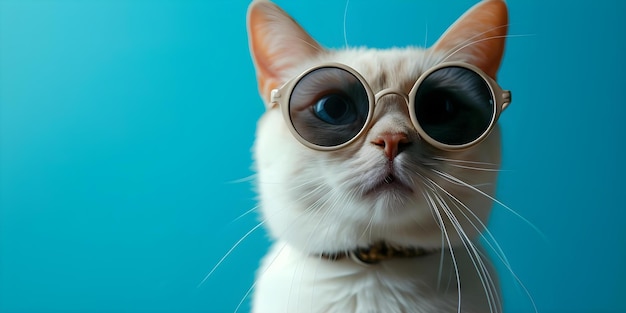 Foto gato blanco elegante y de moda con gafas de sol redondas muestra un sentido de la moda genial concepto fotografía de moda mascotas elegantes accesorios de moda gato blanco gafas de sol redondas