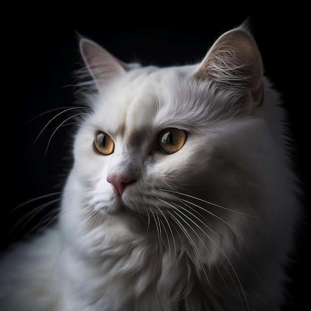 Un gato blanco esponjoso de pelo largo con nariz rosada y ojos amarillos está mirando a la cámara