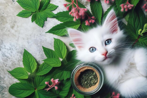 El gato blanco está acostado en una cama de hojas verdes y un frasco de marihuana