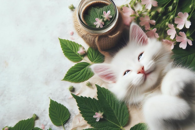 El gato blanco está acostado en una planta verde de hojas