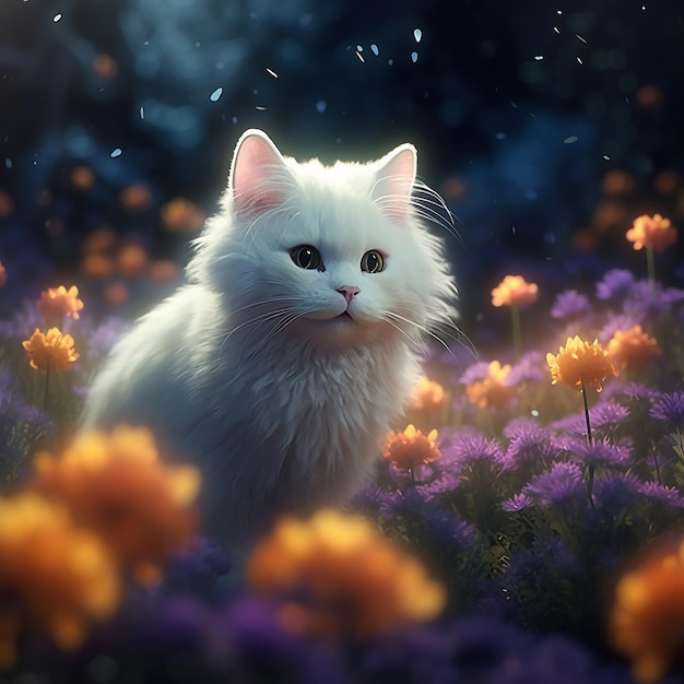 Un gato blanco está en un campo de flores.