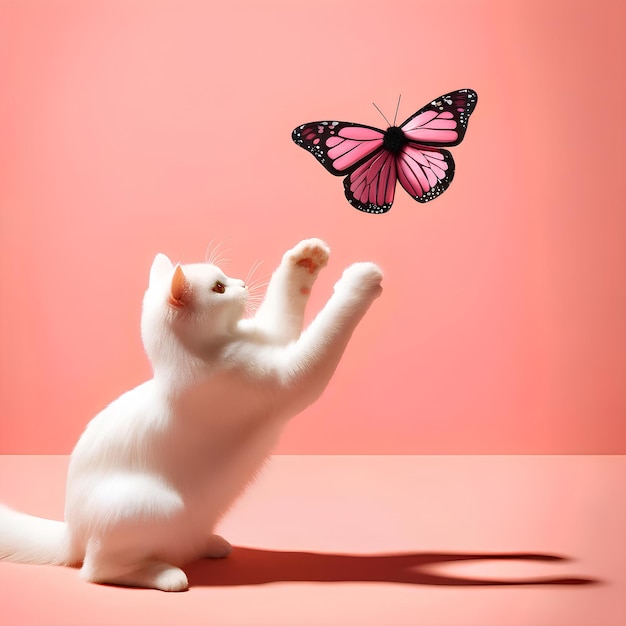 Un gato blanco se está divirtiendo atrapando una mariposa rosa