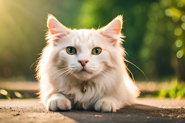 Un gato blanco está sobre una alfombra frente a un fondo verde.